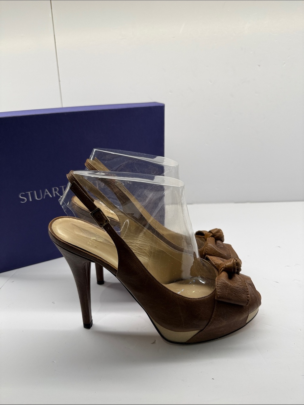 Stuart Weitzman Brown Leather Slingback Heels platform with bow design